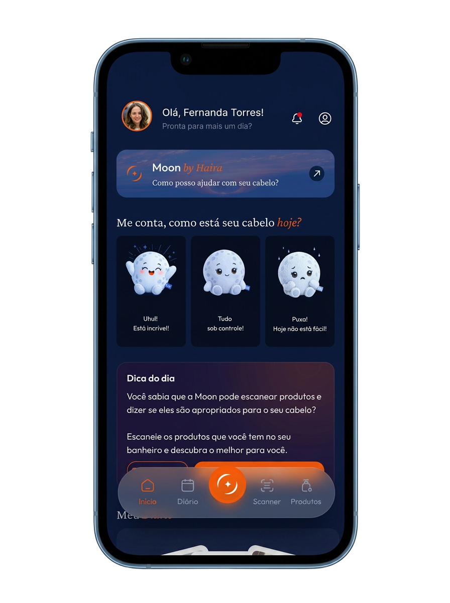 App Foli mostrando o perfil capilar, a assistente Foli e recomendações personalizadas