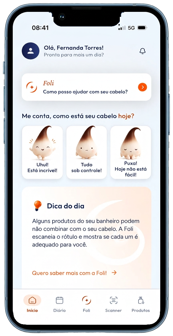 App Foli mostrando o perfil capilar, a assistente Foli e recomendações personalizadas